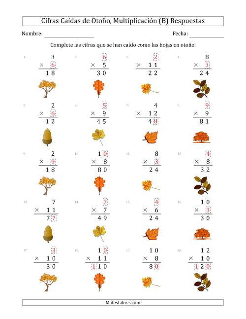 La hoja de ejercicios de Cifras Caídas de Otoño, Multiplicación (Versión Sencilla) (B) Página 2
