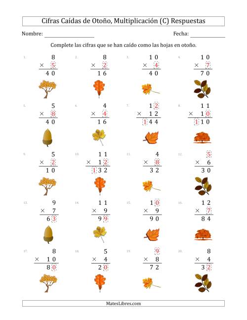 La hoja de ejercicios de Cifras Caídas de Otoño, Multiplicación (Versión Sencilla) (C) Página 2