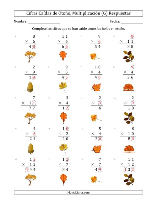 La hoja de ejercicios de Cifras Caídas de Otoño, Multiplicación (Versión Sencilla) (G) Página 2