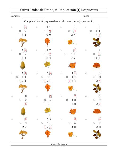 La hoja de ejercicios de Cifras Caídas de Otoño, Multiplicación (Versión Sencilla) (I) Página 2