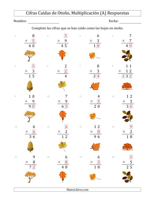 La hoja de ejercicios de Cifras Caídas de Otoño, Multiplicación (Versión Sencilla) (Todas) Página 2