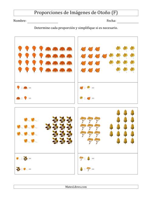 La hoja de ejercicios de Proporciones de Imágenes de Árboles de Otoño, Proporción entre partes (Agrupadas) (F)