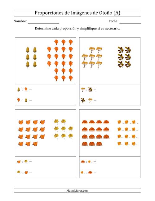 La hoja de ejercicios de Proporciones de Imágenes de Árboles de Otoño, Proporción entre partes (Agrupadas) (Todas)