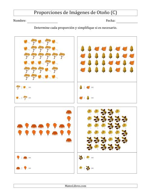 La hoja de ejercicios de Proporciones de Imágenes de Árboles de Otoño, Proporción entre partes (Dispersas) (C)
