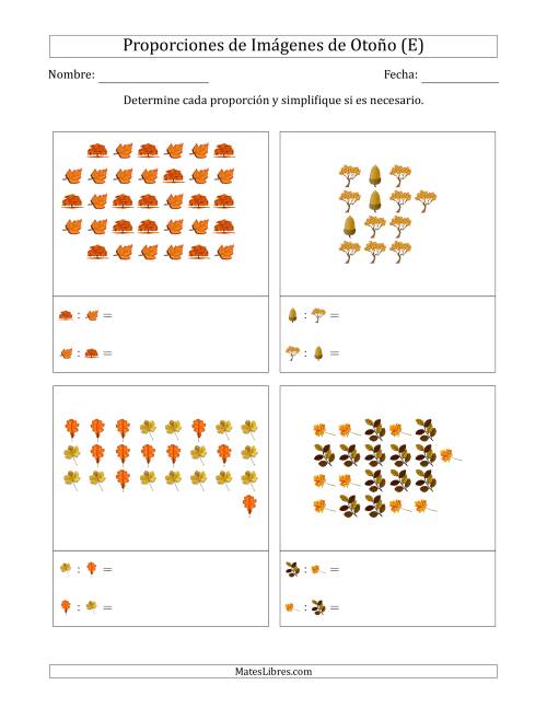 La hoja de ejercicios de Proporciones de Imágenes de Árboles de Otoño, Proporción entre partes (Dispersas) (E)