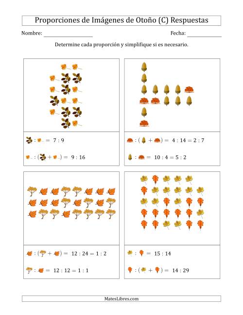 La hoja de ejercicios de Proporciones de Imágenes de Árboles de Otoño (Dispersas) (C) Página 2