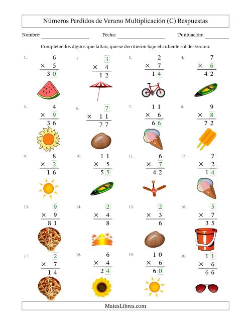 La hoja de ejercicios de Dígitos Perdidos de Verano, (Versión Multiplicación Fácil) (C) Página 2