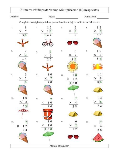 La hoja de ejercicios de Dígitos Perdidos de Verano, (Versión Multiplicación Fácil) (D) Página 2