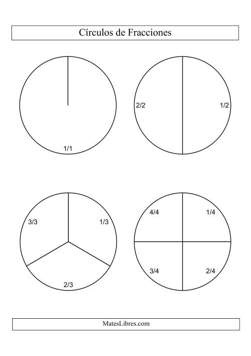 La hoja de ejercicios de Círculos en Blanco y Negro de Fracciones con Etiquetas (Grande) (B)