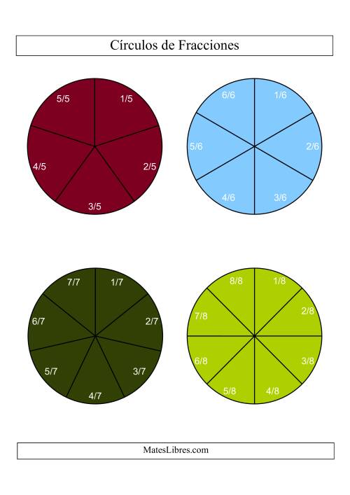 La hoja de ejercicios de Círculos de Colores de Fracciones con Etiquetas (Grande) (C) Página 2