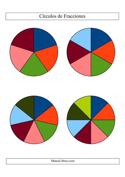 La hoja de ejercicios de Círculos Multicolores de Fracciones sin Etiquetas (Grande) (A) Página 2
