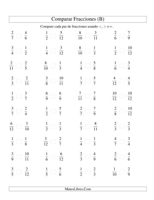 La hoja de ejercicios de Comparar Fracciones Simples a Doceavos (B)