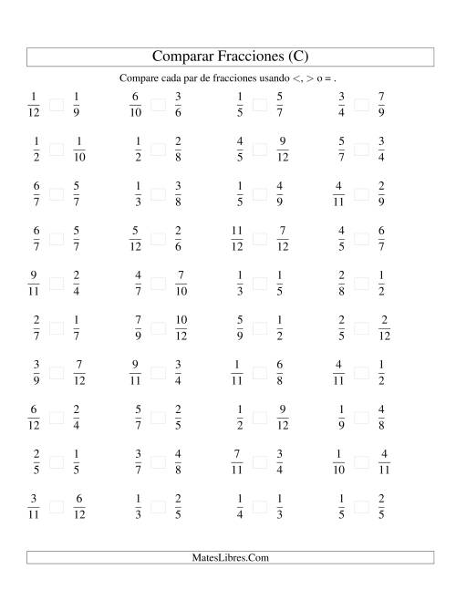 La hoja de ejercicios de Comparar Fracciones Simples a Doceavos (C)