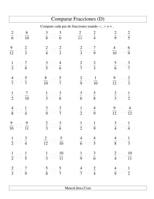 La hoja de ejercicios de Comparar Fracciones Simples a Doceavos (D)