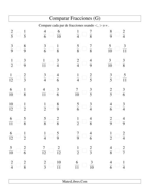 La hoja de ejercicios de Comparar Fracciones Simples a Doceavos (G)
