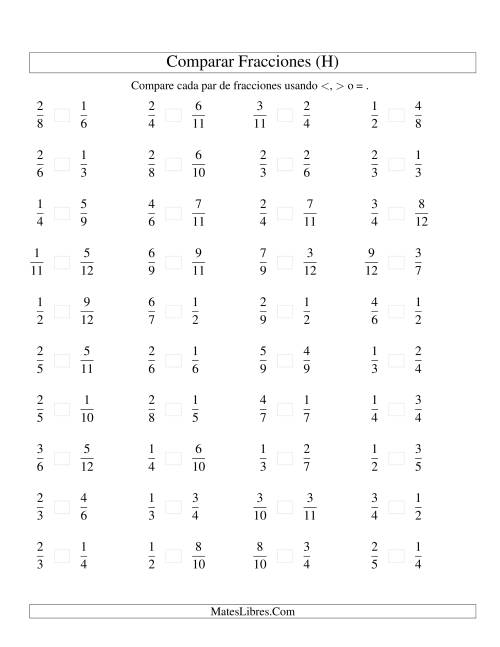 La hoja de ejercicios de Comparar Fracciones Simples a Doceavos (H)