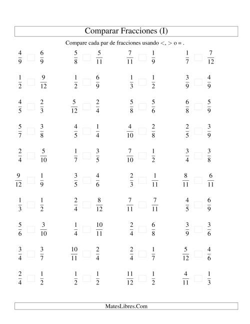 La hoja de ejercicios de Comparar Fracciones Simples a Doceavos (I)