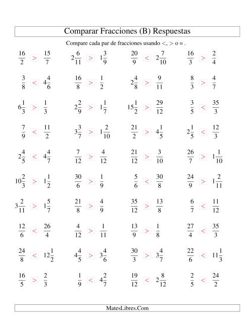La hoja de ejercicios de Comparar Fracciones Simples, Impropias y Mixtas a Doceavos (B) Página 2