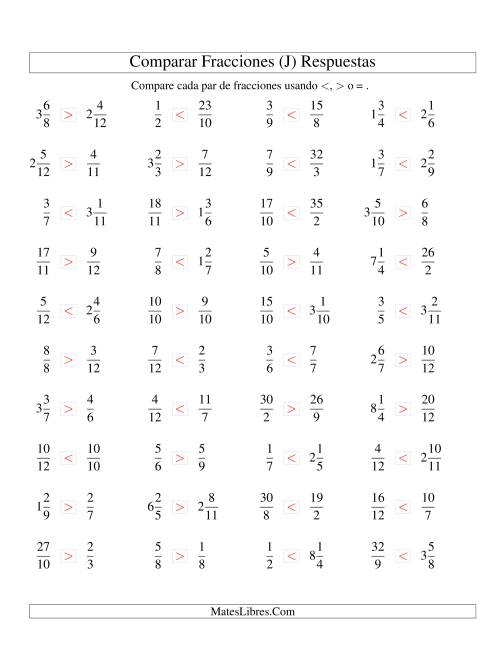 La hoja de ejercicios de Comparar Fracciones Simples, Impropias y Mixtas a Doceavos (J) Página 2