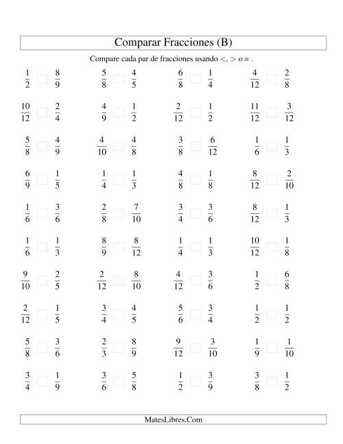La hoja de ejercicios de Comparar Fracciones Simples a Doceavos (sin 7 ni 11) (B)