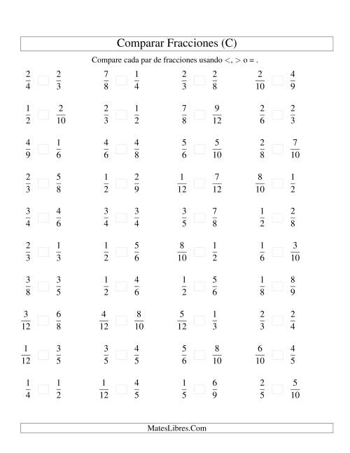 La hoja de ejercicios de Comparar Fracciones Simples a Doceavos (sin 7 ni 11) (C)