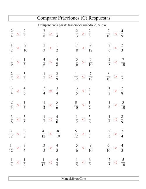 La hoja de ejercicios de Comparar Fracciones Simples a Doceavos (sin 7 ni 11) (C) Página 2