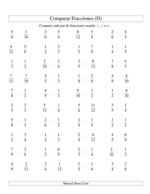 La hoja de ejercicios de Comparar Fracciones Simples a Doceavos (sin 7 ni 11) (D)