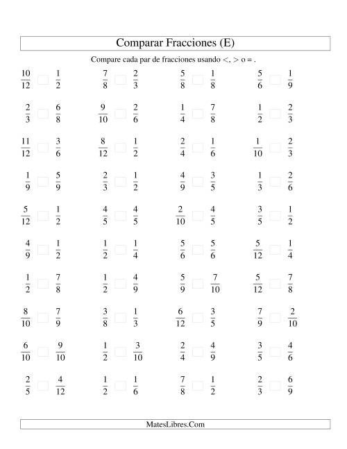 La hoja de ejercicios de Comparar Fracciones Simples a Doceavos (sin 7 ni 11) (E)