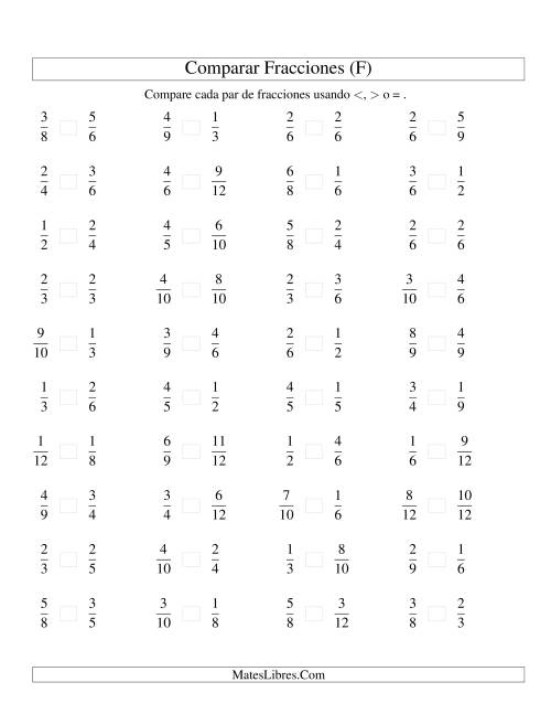 La hoja de ejercicios de Comparar Fracciones Simples a Doceavos (sin 7 ni 11) (F)