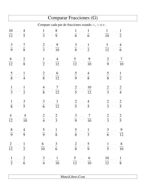 La hoja de ejercicios de Comparar Fracciones Simples a Doceavos (sin 7 ni 11) (G)