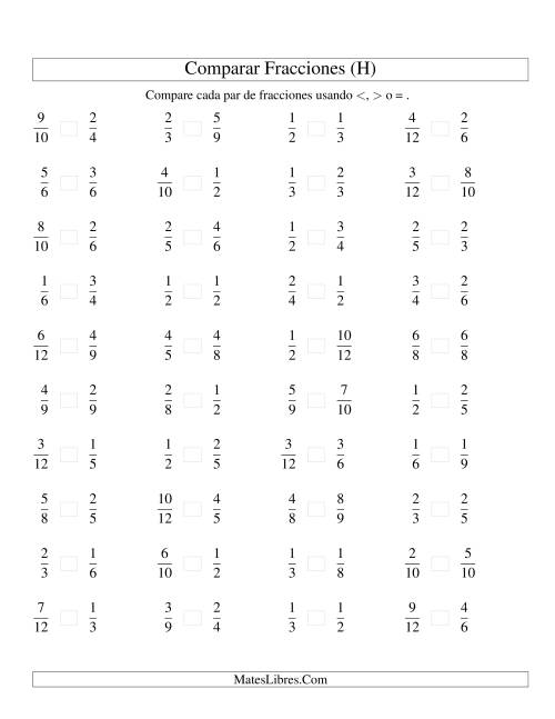 La hoja de ejercicios de Comparar Fracciones Simples a Doceavos (sin 7 ni 11) (H)