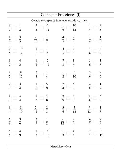 La hoja de ejercicios de Comparar Fracciones Simples a Doceavos (sin 7 ni 11) (I)