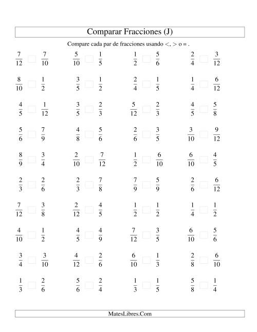 La hoja de ejercicios de Comparar Fracciones Simples a Doceavos (sin 7 ni 11) (J)