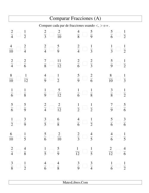 La hoja de ejercicios de Comparar Fracciones Simples a Doceavos (sin 7 ni 11) (Todas)