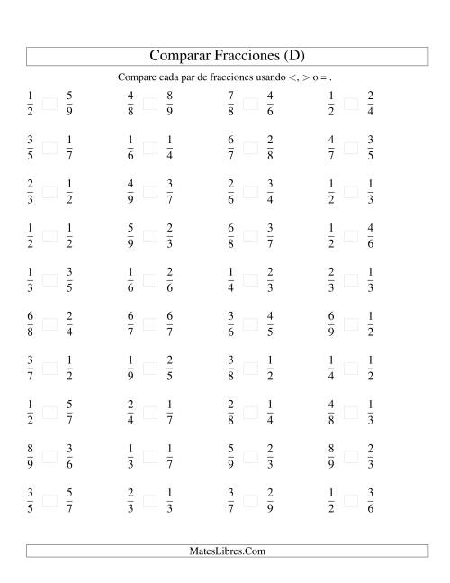 La hoja de ejercicios de Comparar Fracciones Simples a Novenos (D)