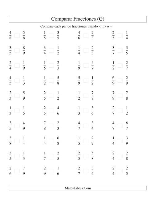La hoja de ejercicios de Comparar Fracciones Simples a Novenos (G)