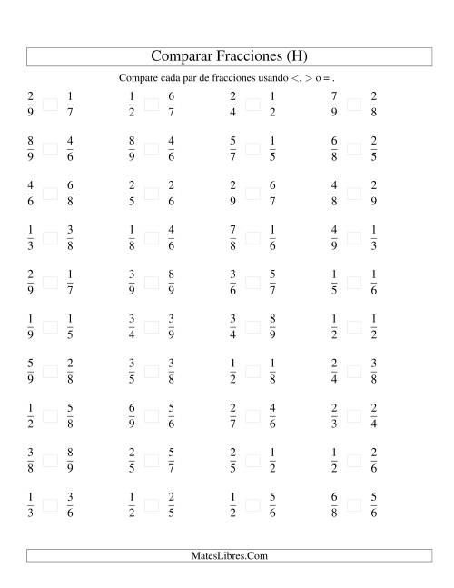 La hoja de ejercicios de Comparar Fracciones Simples a Novenos (H)