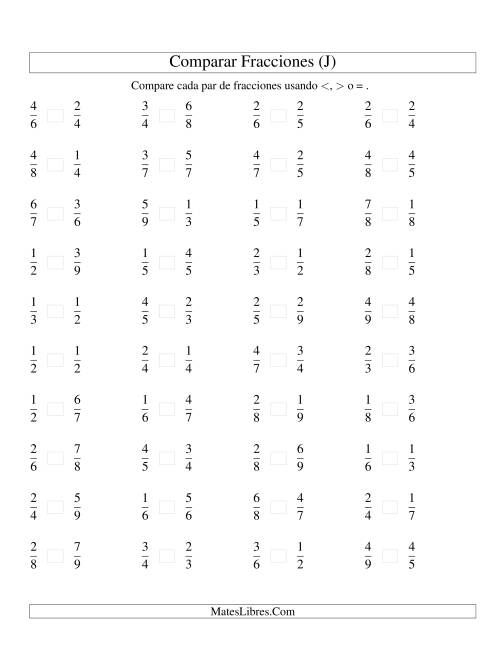 La hoja de ejercicios de Comparar Fracciones Simples a Novenos (J)