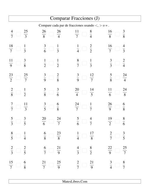 La hoja de ejercicios de Comparar Fracciones Simples e Impropias a Novenos (J)