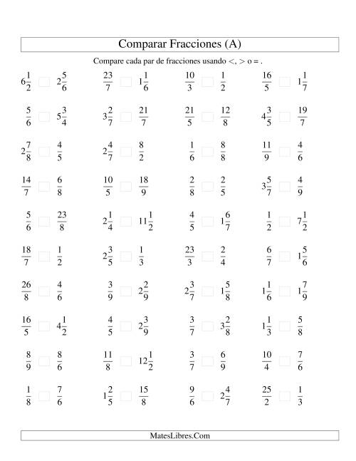 La hoja de ejercicios de Comparar Fracciones Simples, Impropias y Mixtas a Novenos (A)