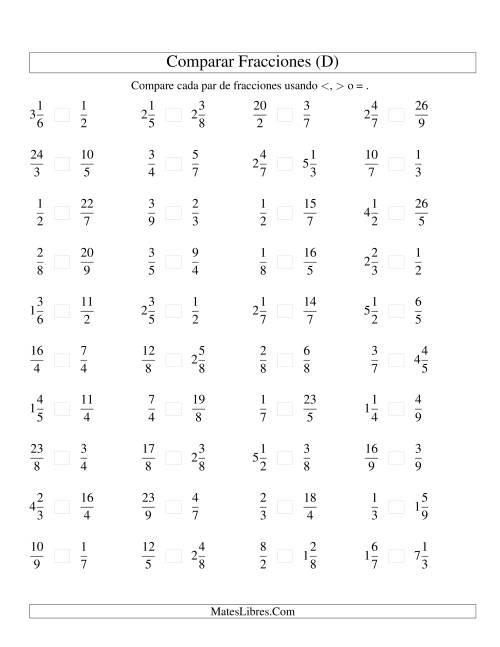 La hoja de ejercicios de Comparar Fracciones Simples, Impropias y Mixtas a Novenos (D)