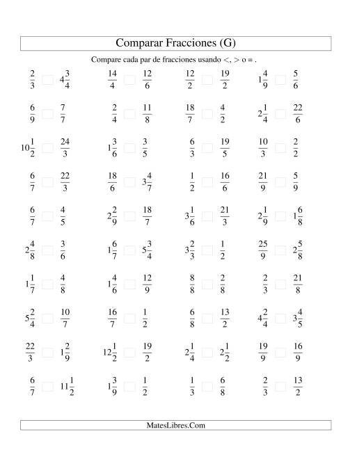 La hoja de ejercicios de Comparar Fracciones Simples, Impropias y Mixtas a Novenos (G)