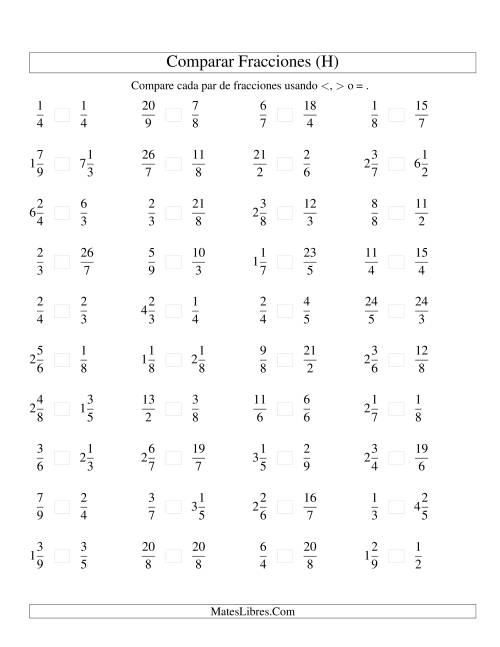 La hoja de ejercicios de Comparar Fracciones Simples, Impropias y Mixtas a Novenos (H)