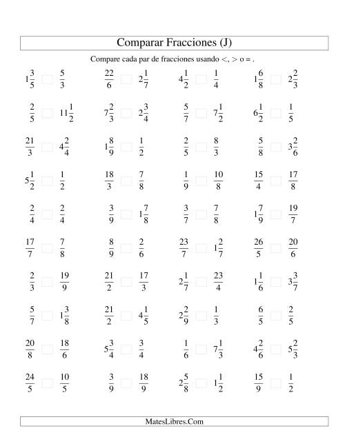 La hoja de ejercicios de Comparar Fracciones Simples, Impropias y Mixtas a Novenos (J)