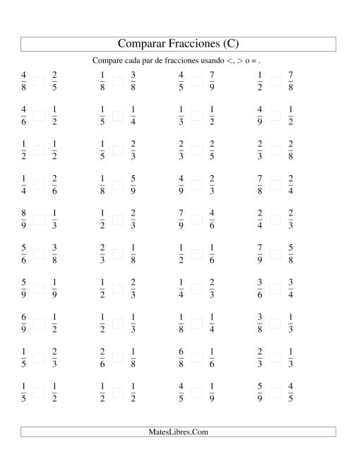 La hoja de ejercicios de Comparar Fracciones Simples a Novenos (sin 7) (C)
