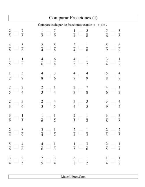 La hoja de ejercicios de Comparar Fracciones Simples a Novenos (sin 7) (J)