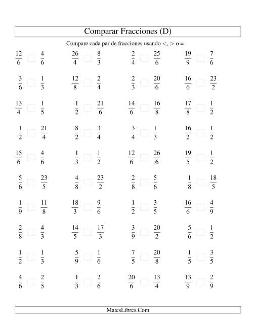 La hoja de ejercicios de Comparar Fracciones Simples e Impropias a Novenos (sin 7) (D)