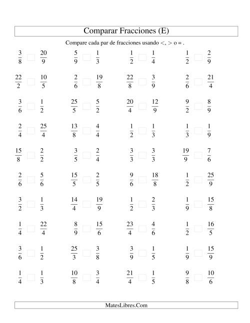 La hoja de ejercicios de Comparar Fracciones Simples e Impropias a Novenos (sin 7) (E)