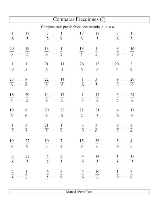La hoja de ejercicios de Comparar Fracciones Simples e Impropias a Novenos (sin 7) (J)