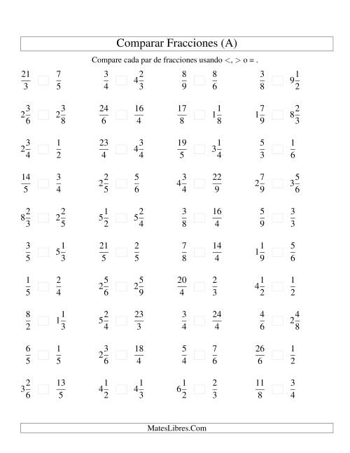 La hoja de ejercicios de Comparar Fracciones Simples, Impropias y Mixtas a Novenos (sin 7) (A)
